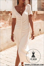 Beige V Neck Ruched Button Front French T-shirt Dress