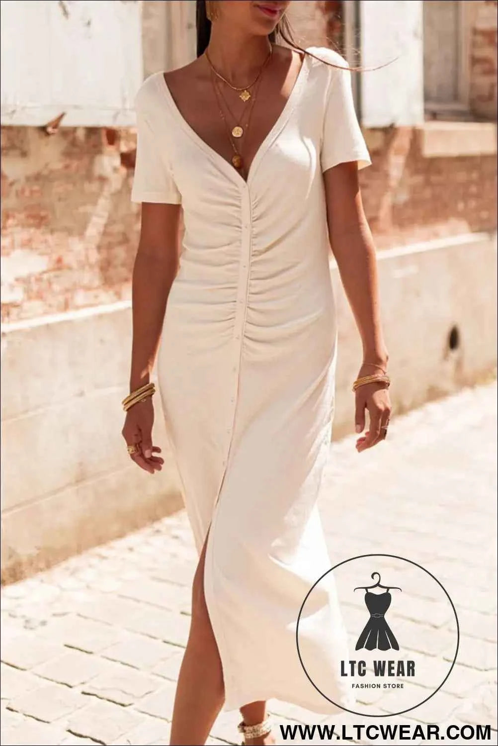 Beige V Neck Ruched Button Front French T-shirt Dress
