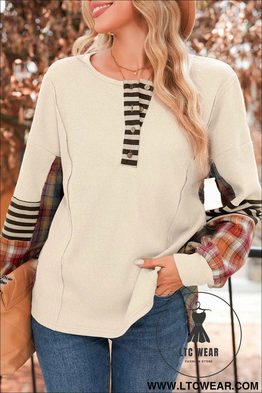 Beige Waffle Stripe Plaid Patchwork Henley Top