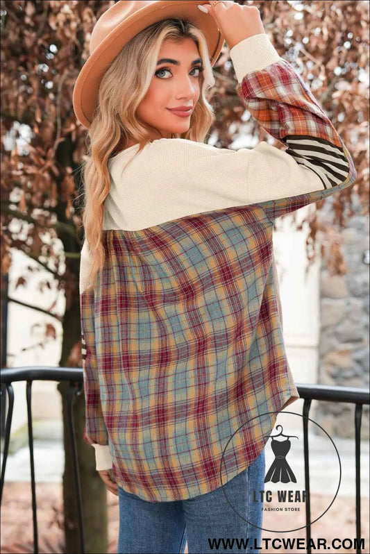 Beige Waffle Stripe Plaid Patchwork Henley Top
