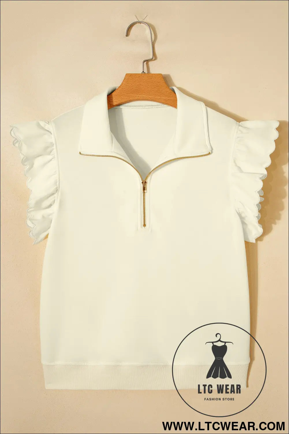 Beige zipped up collared ruffled short sleeve blouse - blouses & shirts