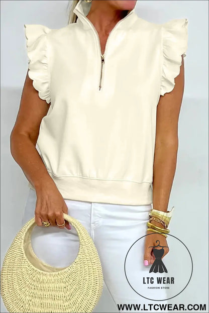 Beige zipped up collared ruffled short sleeve blouse - blouses & shirts