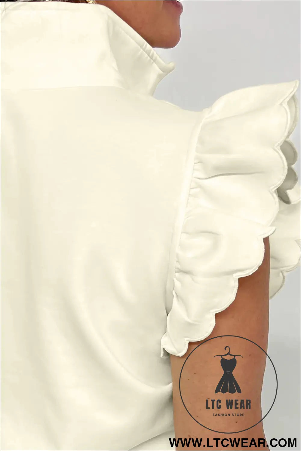 Beige zipped up collared ruffled short sleeve blouse - blouses & shirts