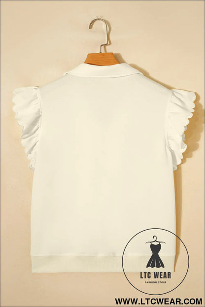 Beige zipped up collared ruffled short sleeve blouse - blouses & shirts