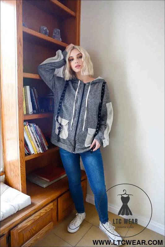 Belt & Reversed Details Zip-up Hooded Sweater