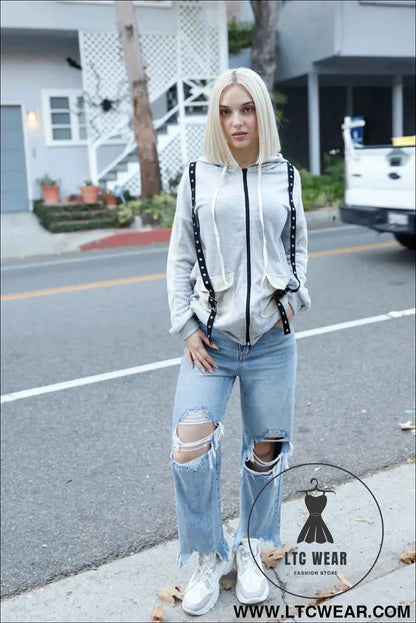 Belt & Reversed Details Zip-up Hooded Sweater