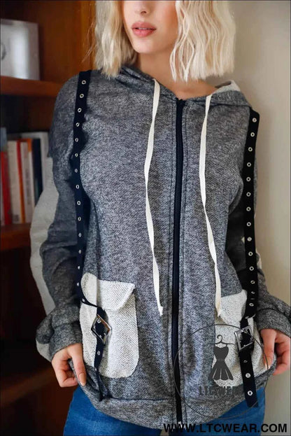 Belt & Reversed Details Zip-up Hooded Sweater