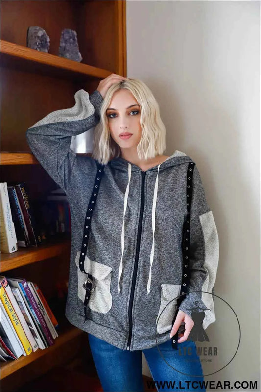 Belt & Reversed Details Zip-up Hooded Sweater