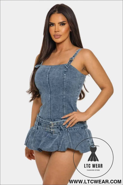 Belted Denim Mini Romper Dress