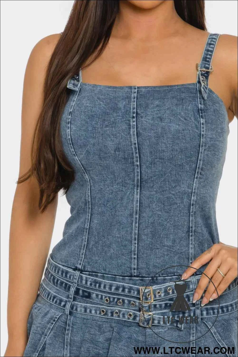 Belted Denim Mini Romper Dress