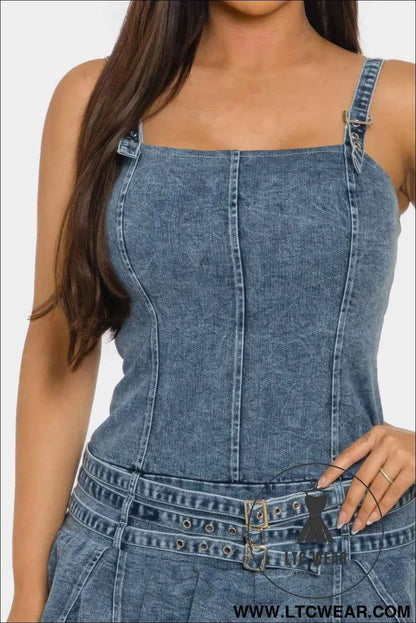 Belted Denim Mini Romper Dress