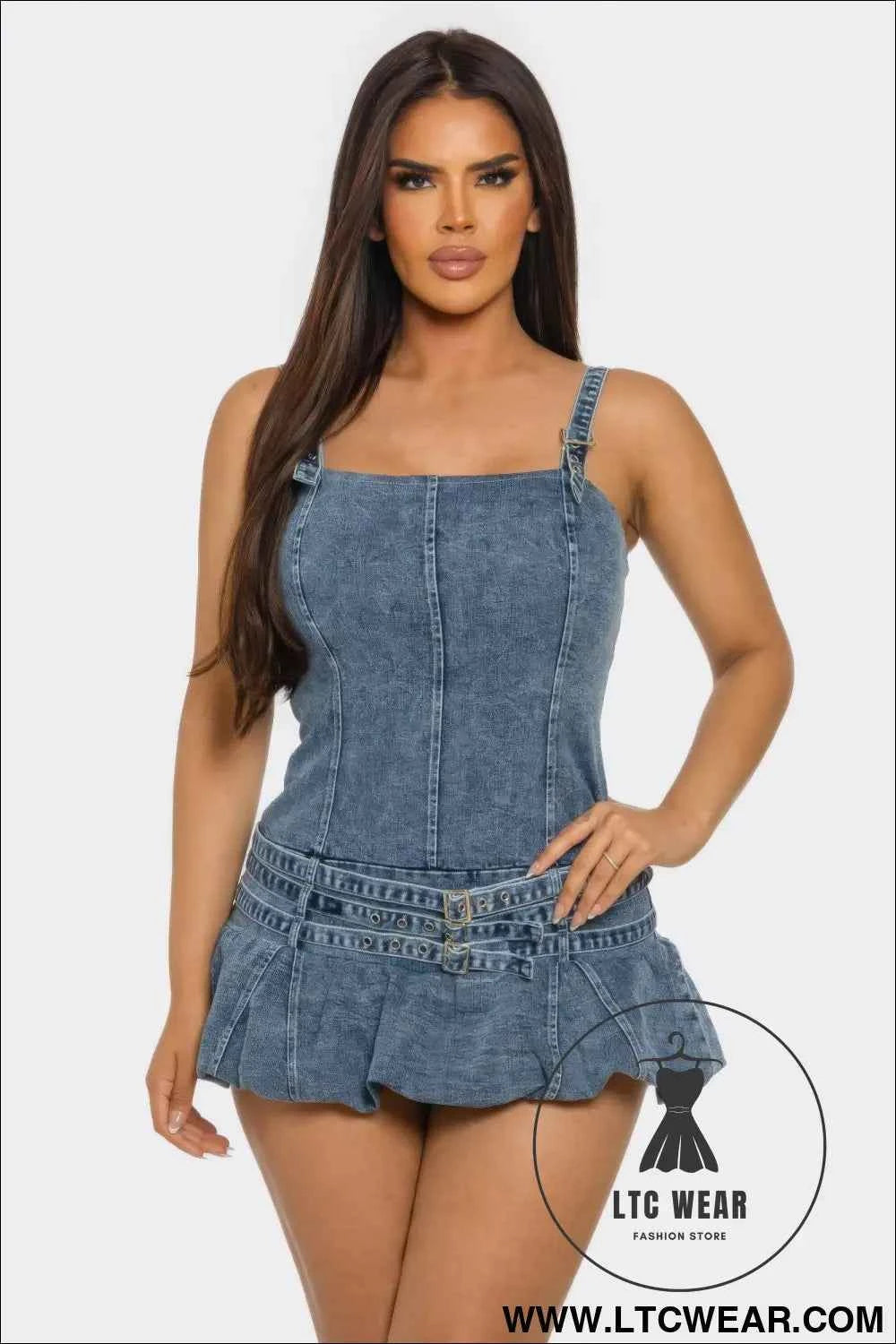 Belted Denim Mini Romper Dress