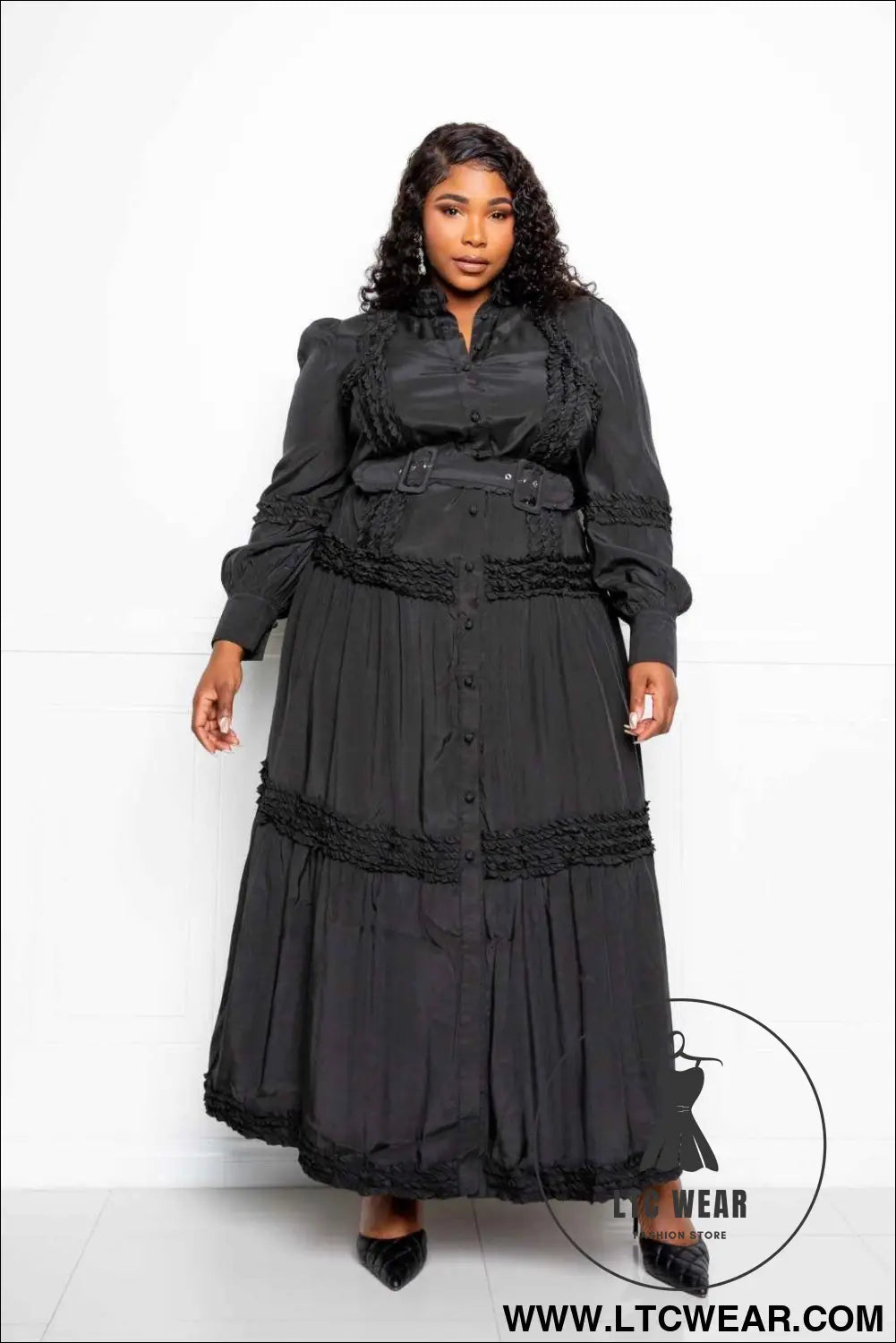 Belted Shirt Dress With Ruffle Detail