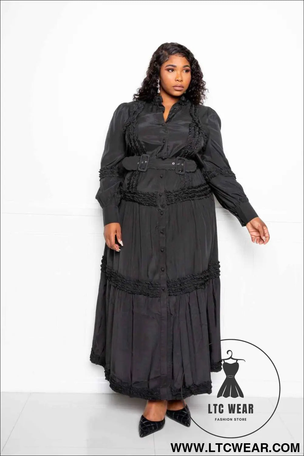 Belted Shirt Dress With Ruffle Detail