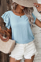 Clearly Aqua Solid Color Ruffle Sleeve Crinkled Blouse