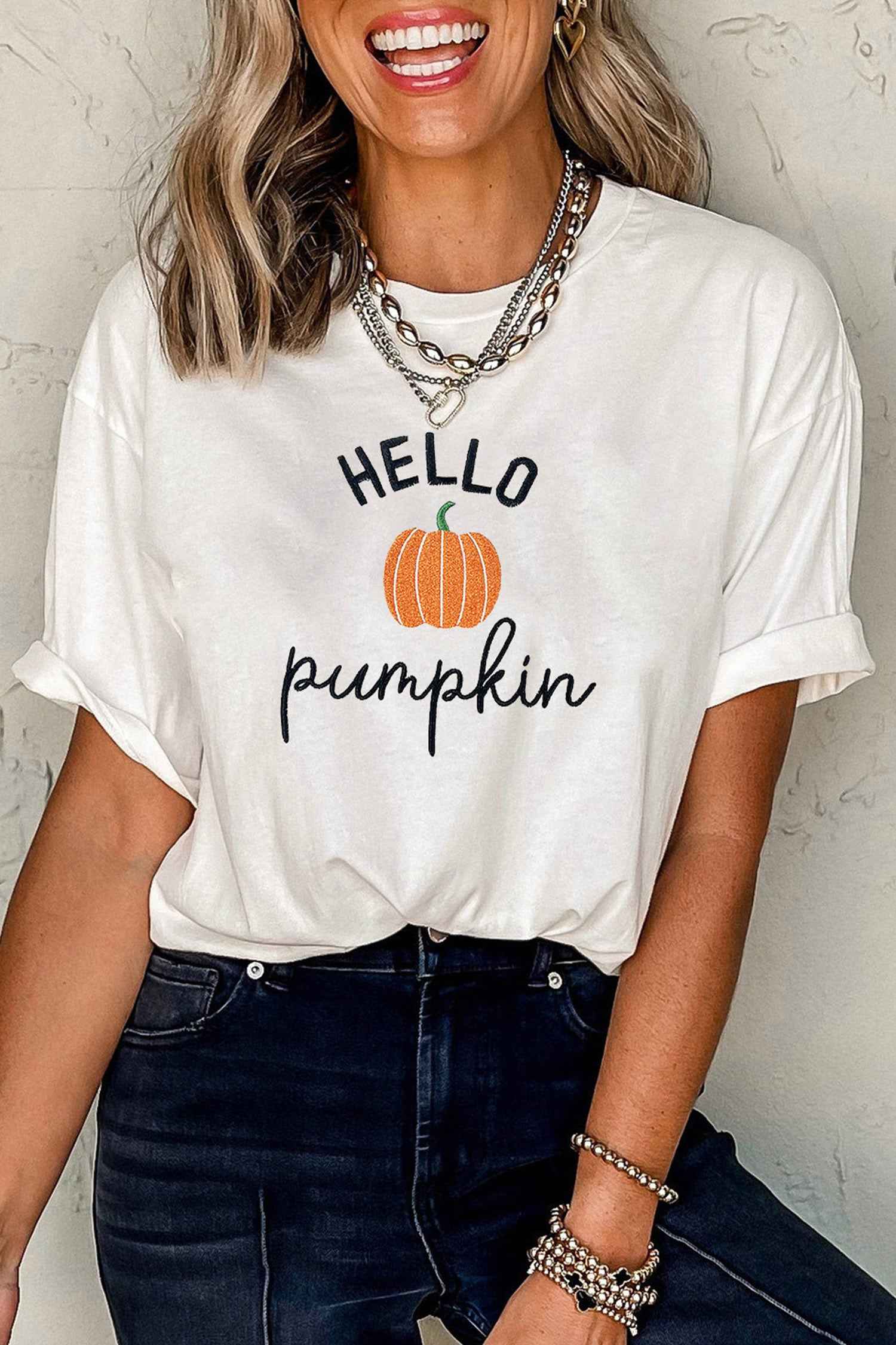 White Embroidered Pumpkin Slogan Short Sleeve T-Shirt
