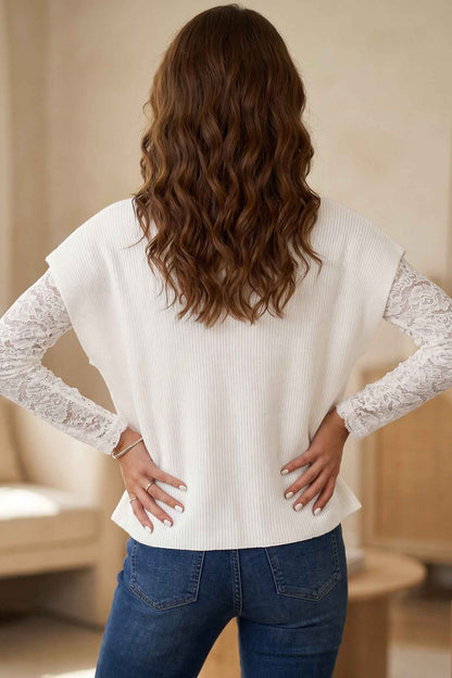 White Solid Color Ribbed Knit Mock Neck Loose Short Sleeve Sweater
