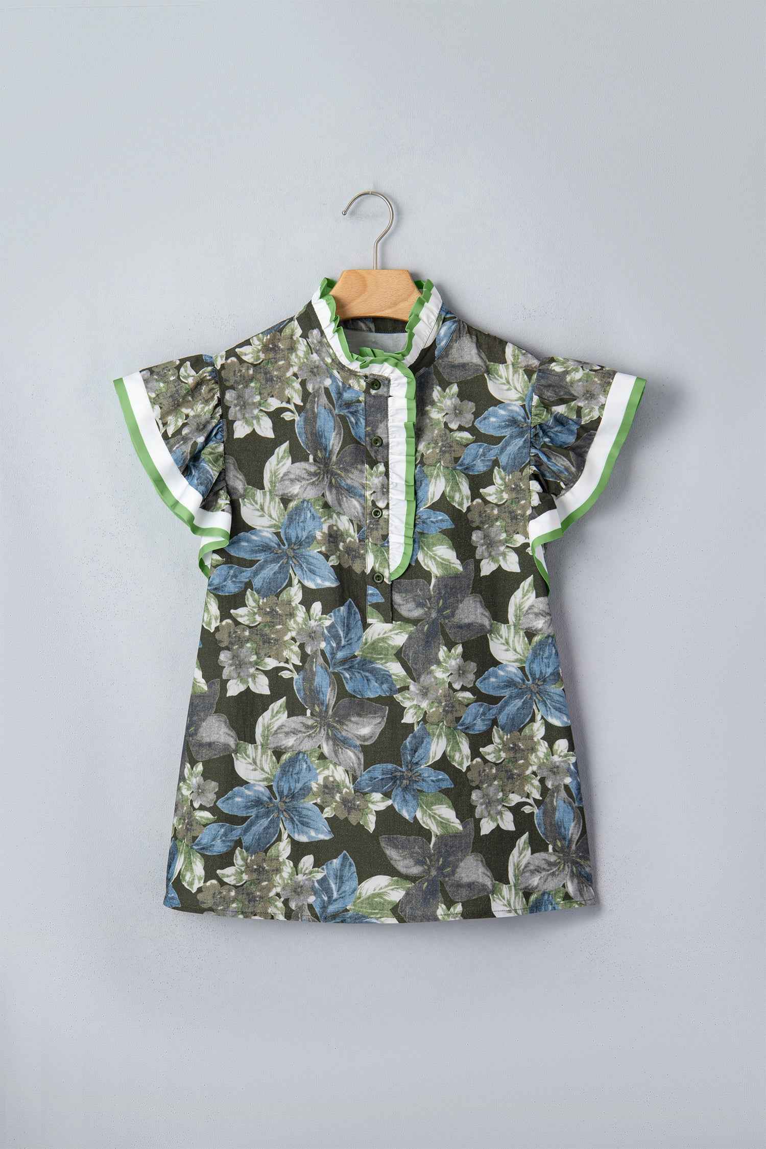 Green Ruffled Short Sleeve Floral Summer Blouse
