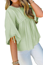 Mist Blue Tie Half Sleeve Pleated Detail Babydoll Blouse