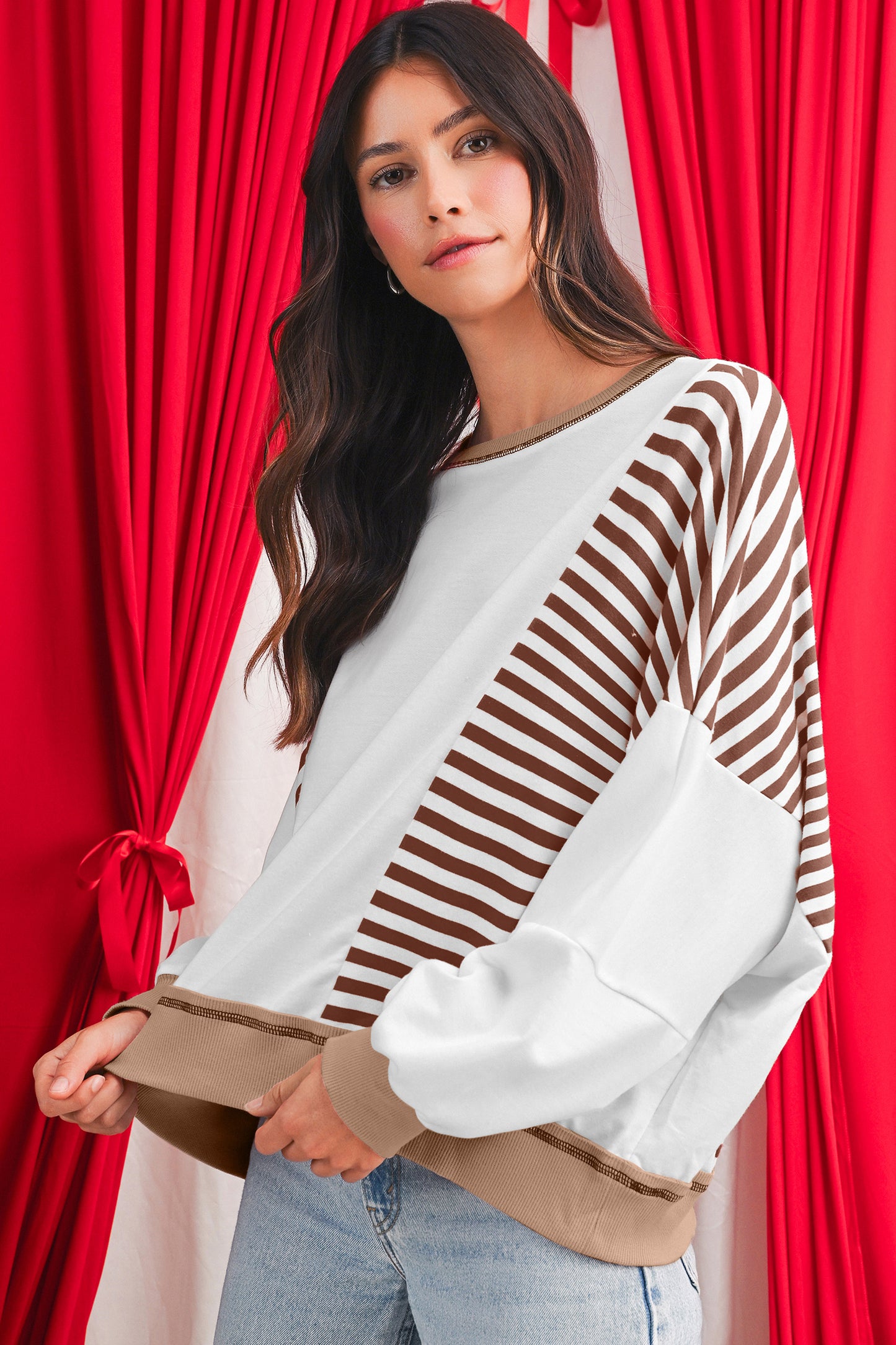 White Striped Colorblock Patchwork Oversized Sweatshirt