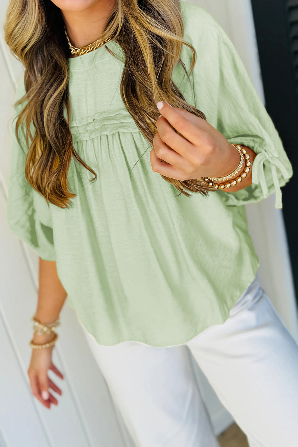 Mist Blue Tie Half Sleeve Pleated Detail Babydoll Blouse