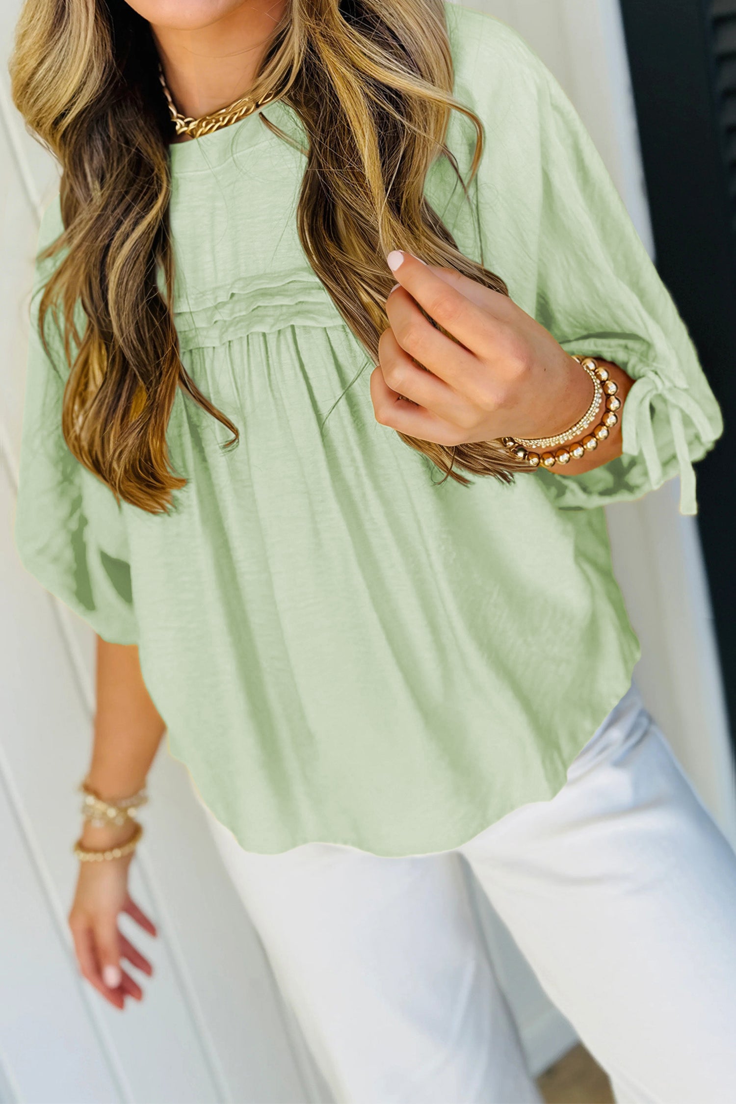 Mist Blue Tie Half Sleeve Pleated Detail Babydoll Blouse