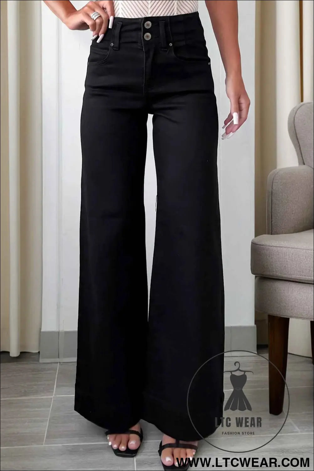 Black 2-Button High Waist Wide Leg Jeans