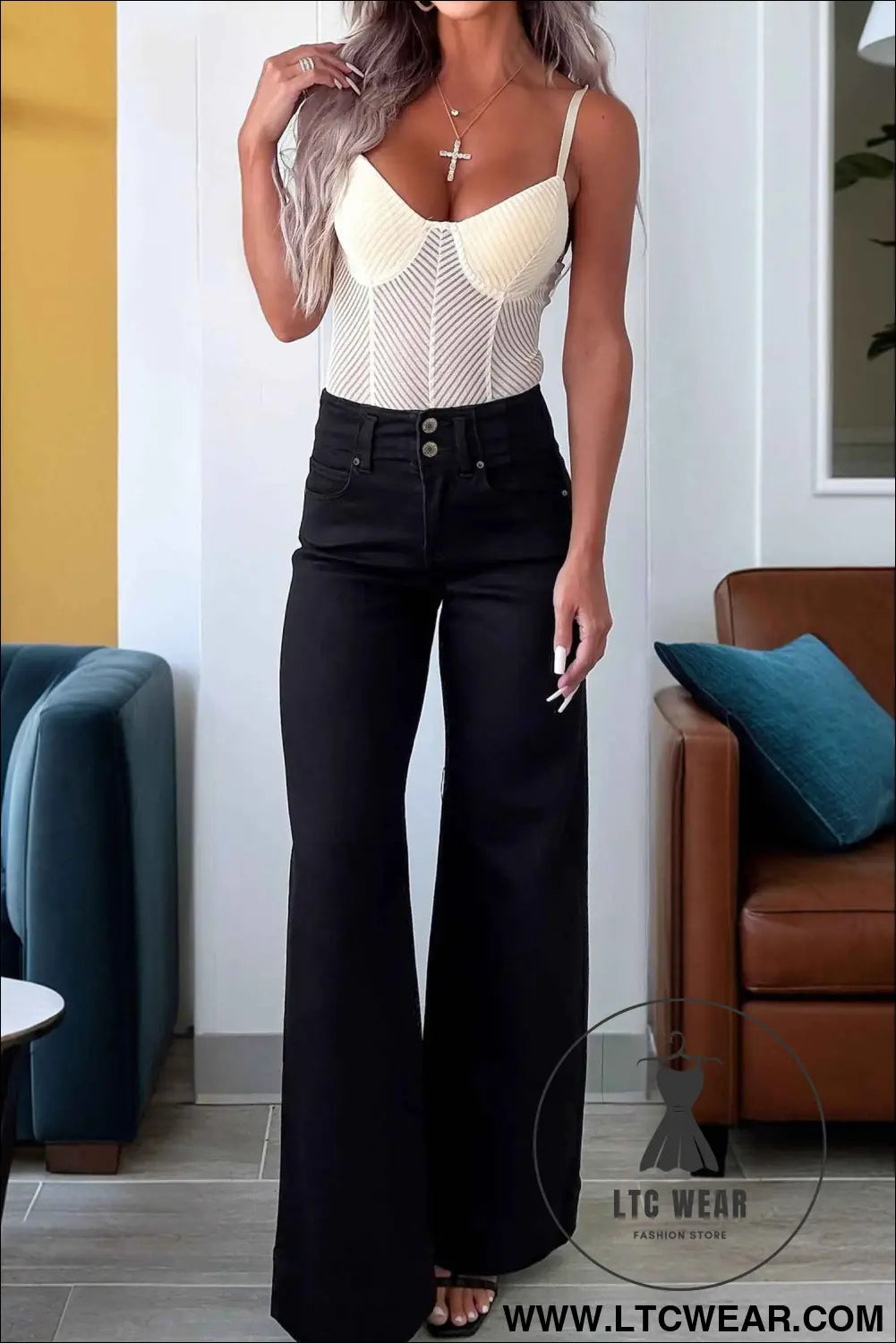 Black 2-Button High Waist Wide Leg Jeans
