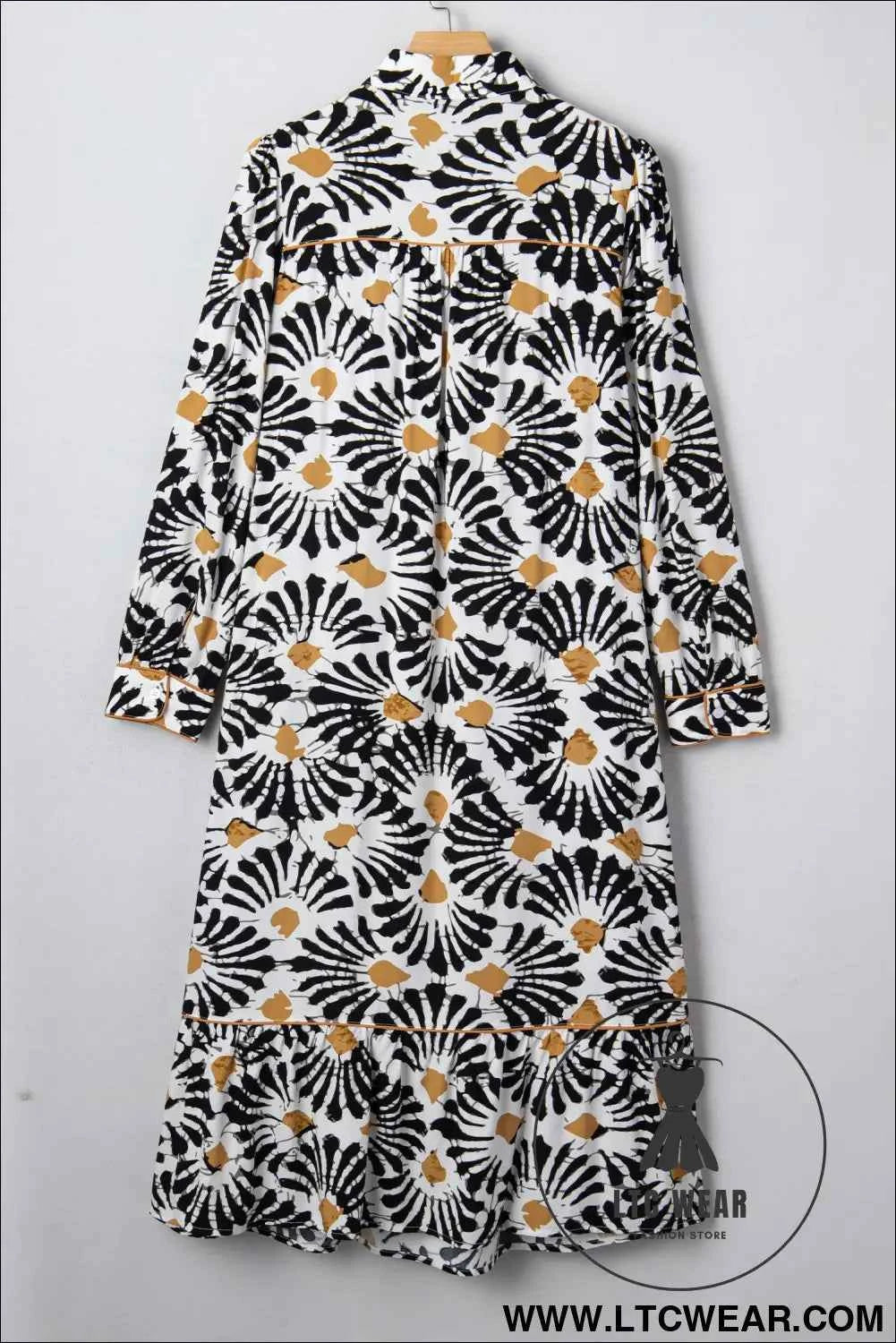 Black Abstract Floral Print Split V Neck Long Dress with Sleeves