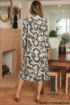Black Abstract Floral Print Split V Neck Long Dress with Sleeves