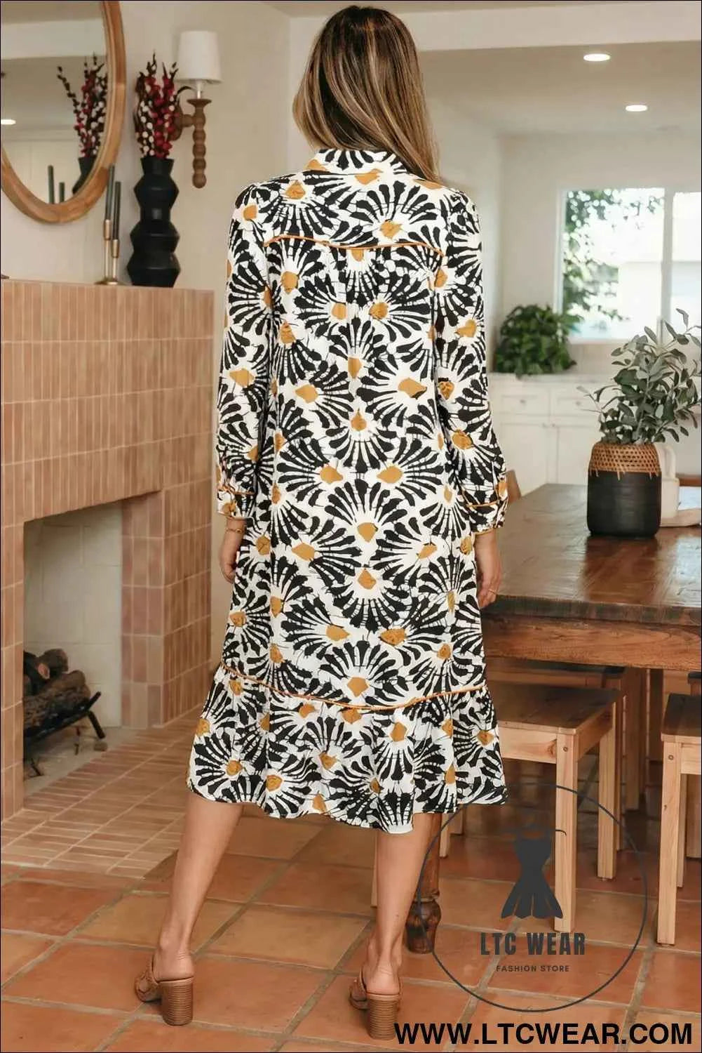 Black Abstract Floral Print Split V Neck Long Dress with Sleeves