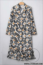 Black Abstract Floral Print Split V Neck Long Dress with Sleeves