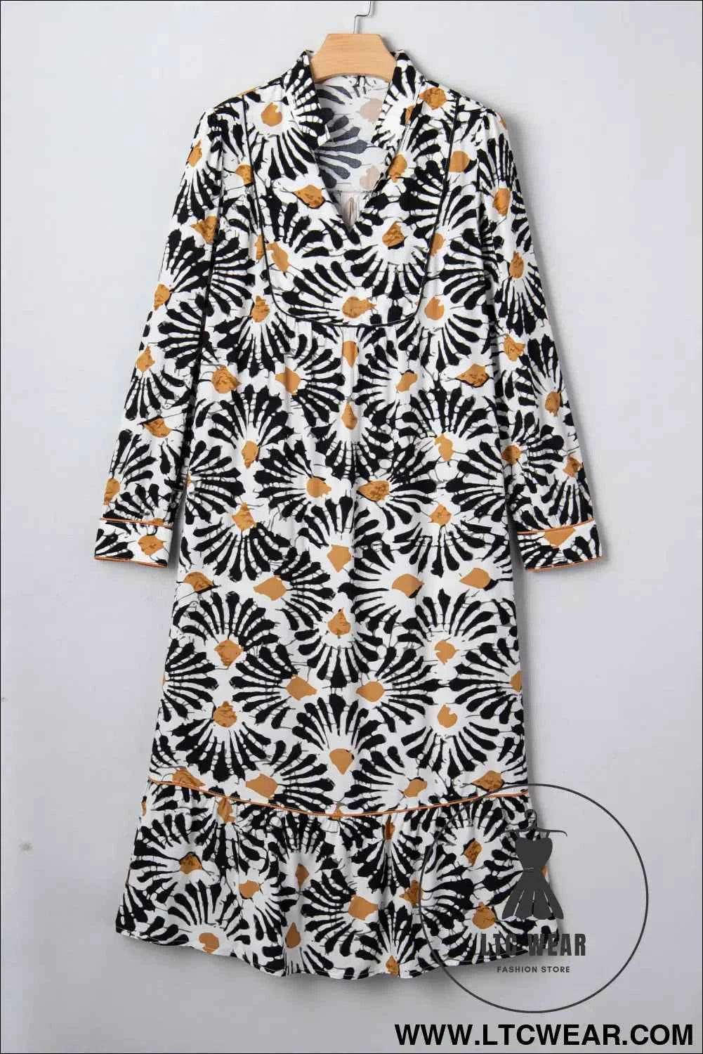 Black Abstract Floral Print Split V Neck Long Dress with Sleeves