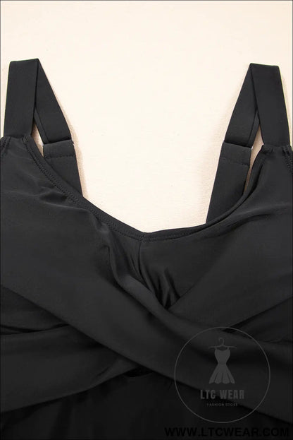 Black Adjustable Straps Cutout Ruched Knot Slit One Piece Swim Dress - L.T.C Wear Online Fashion Store