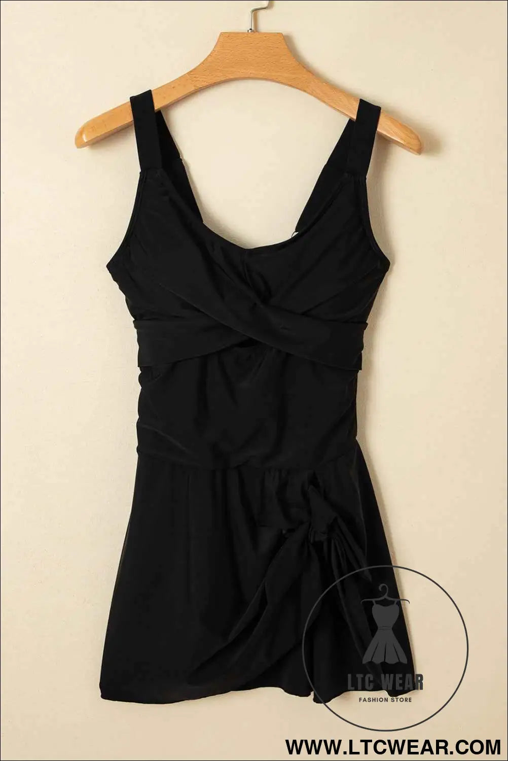 Black Adjustable Straps Cutout Ruched Knot Slit One Piece Swim Dress