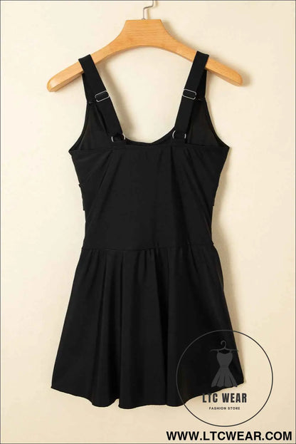 Black Adjustable Straps Cutout Ruched Knot Slit One Piece Swim Dress