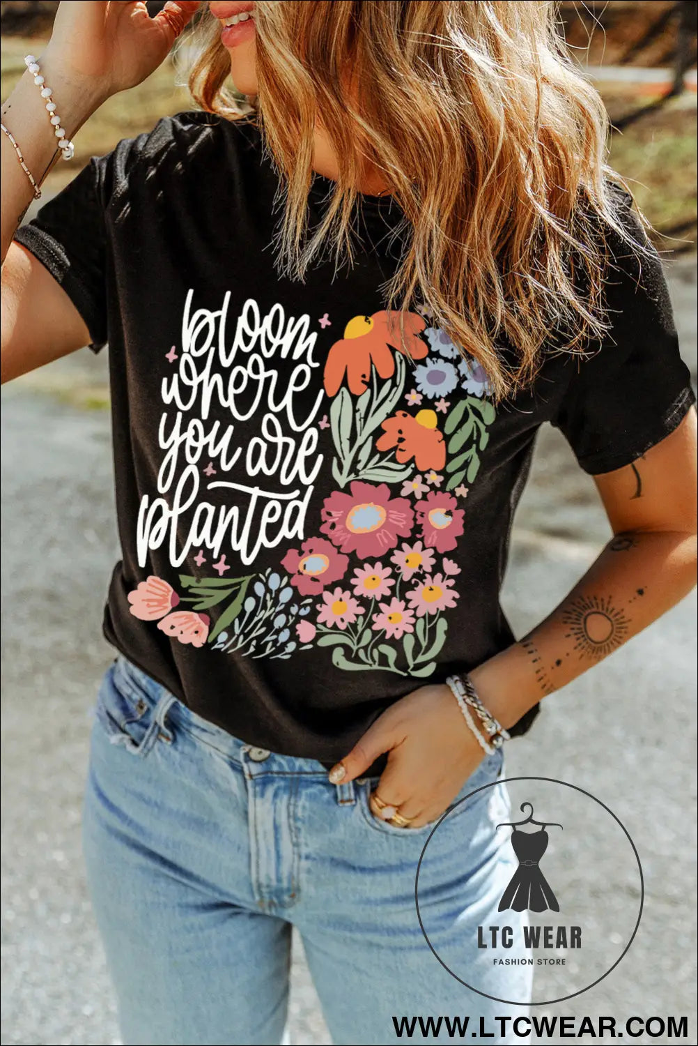 Black bloom where you are planted floral heat transfer printing t shirt - graphic tees