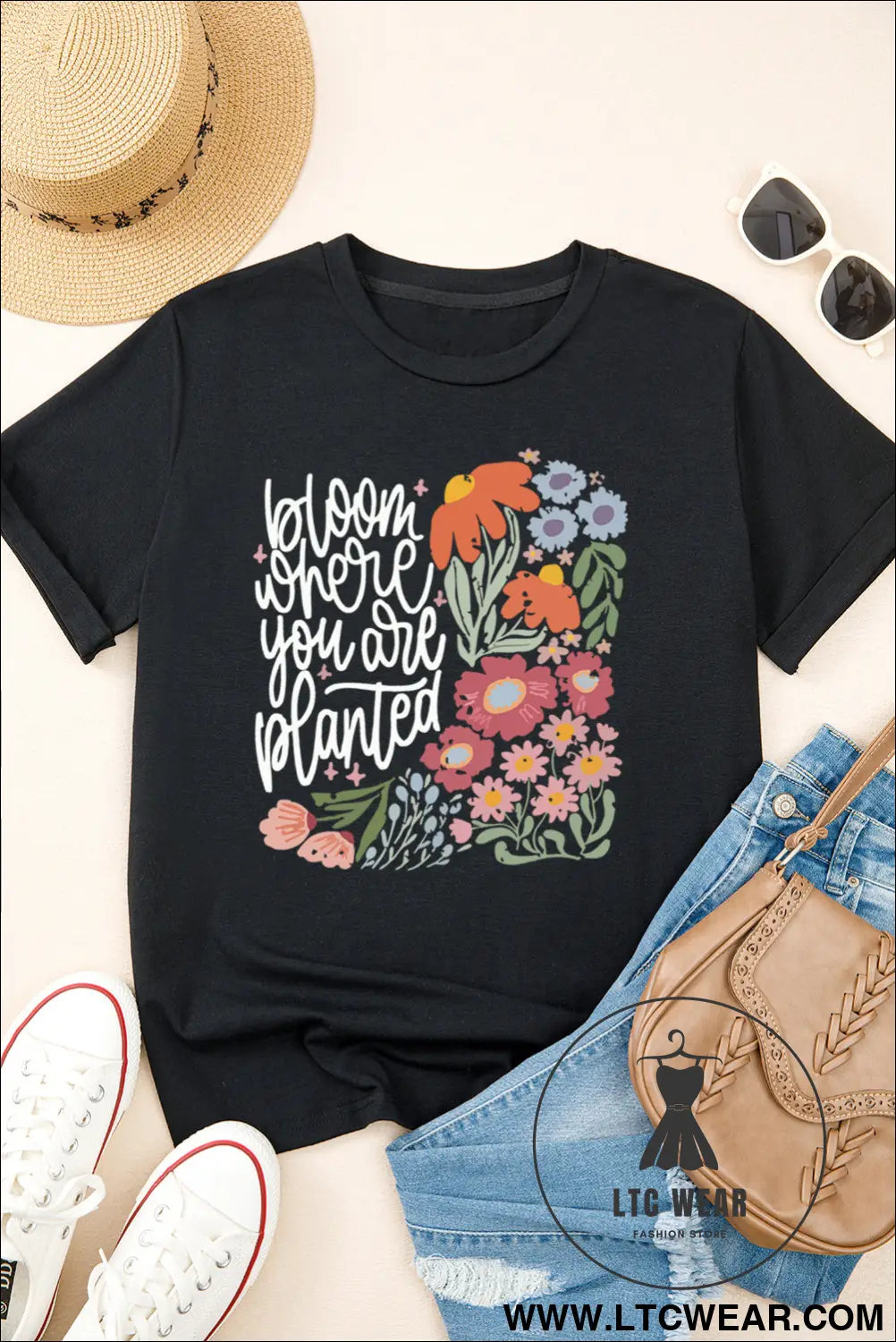 Black bloom where you are planted floral heat transfer printing t shirt - graphic tees