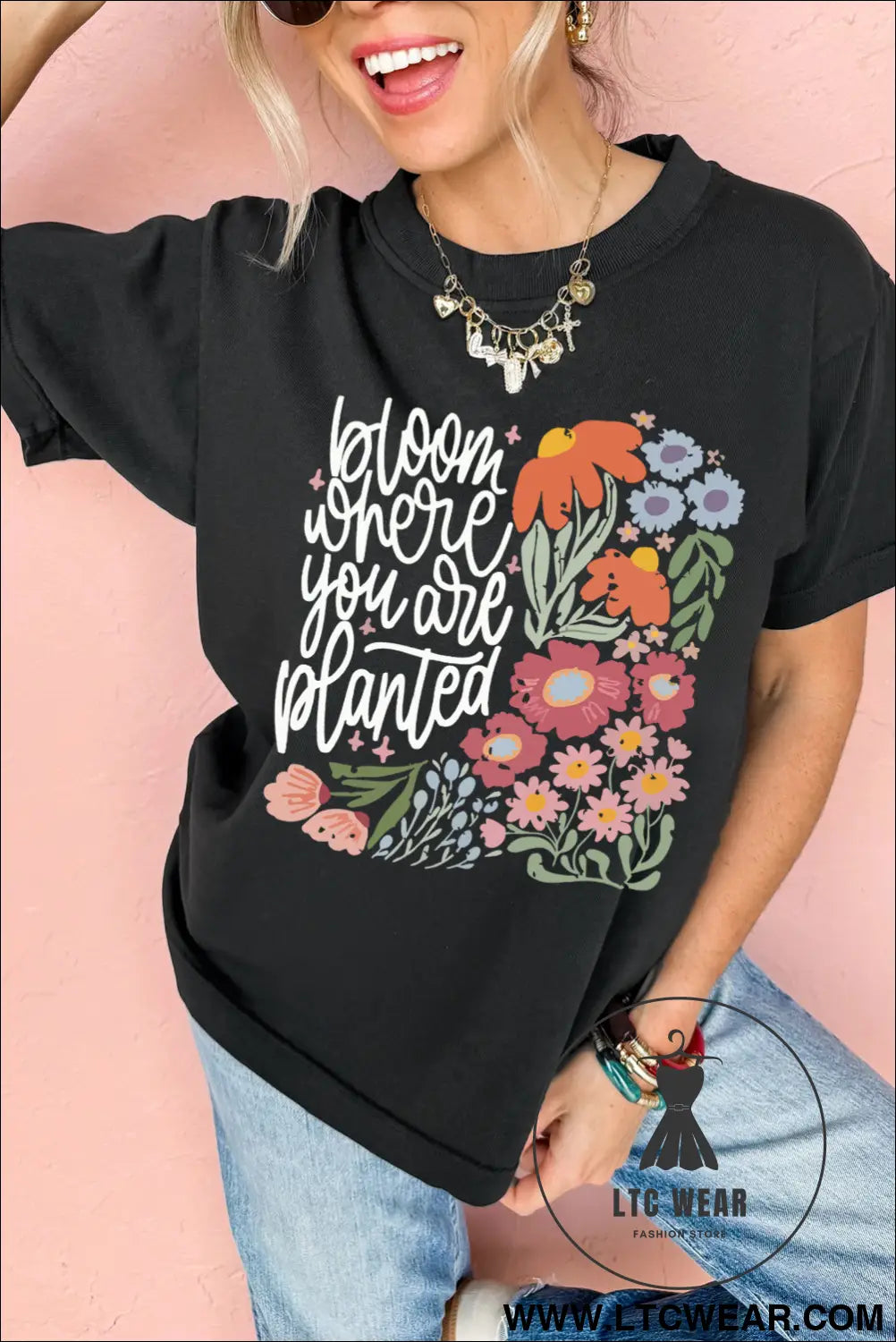 Black bloom where you are planted floral heat transfer printing t shirt - graphic tees