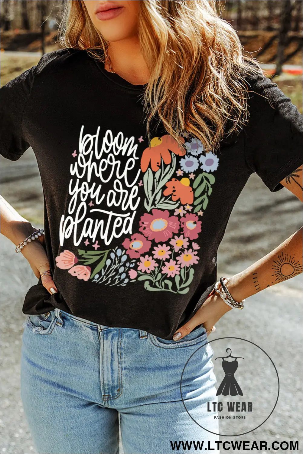 Black bloom where you are planted floral heat transfer printing t shirt - graphic tees