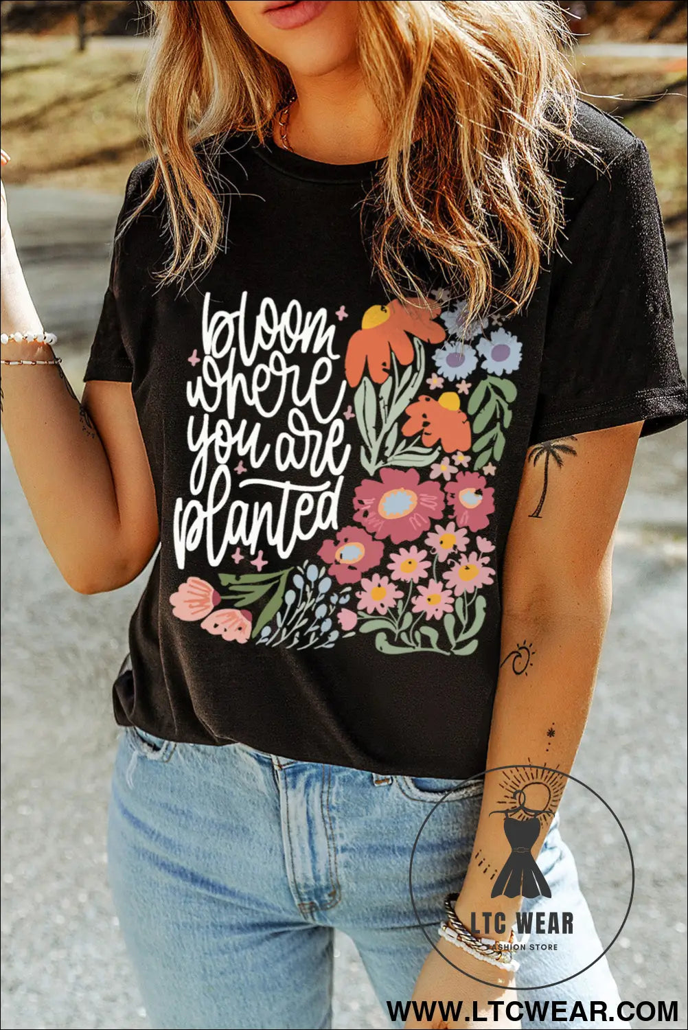 Black bloom where you are planted floral heat transfer printing t shirt - black / 2xl / 62% polyester + 32% cotton + 6%