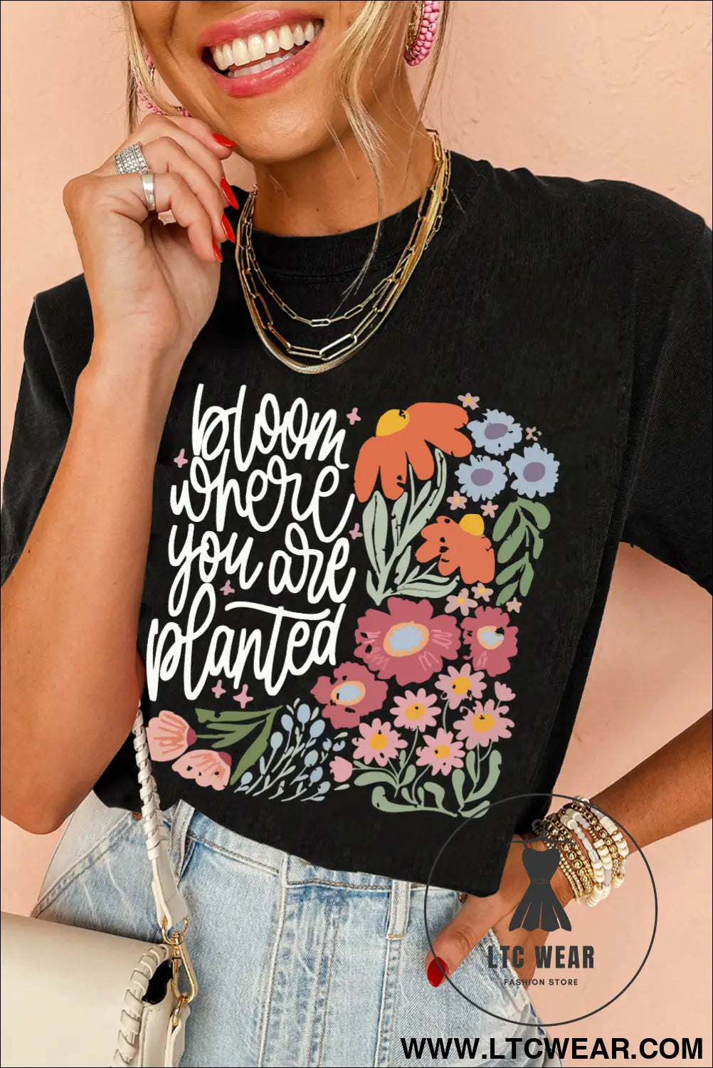 Black bloom where you are planted floral heat transfer printing t shirt - graphic tees