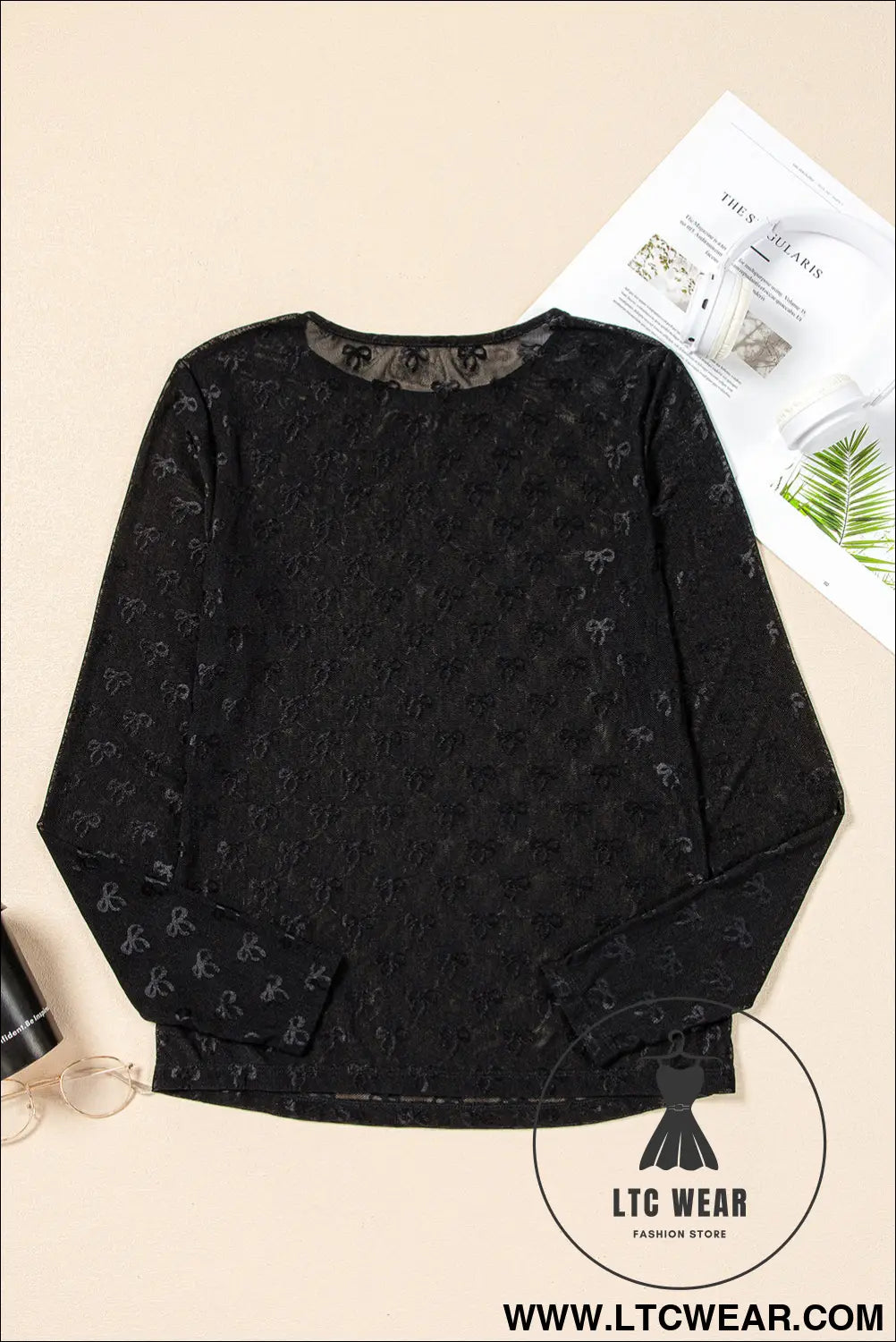 Black Bow Pattern Long Sleeve Slim Fit Mesh Top - L.T.C Wear Online Fashion Store