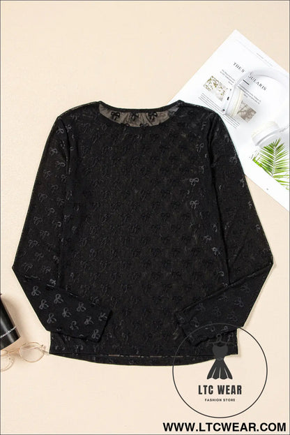 Black Bow Pattern Long Sleeve Slim Fit Mesh Top - L.T.C Wear Online Fashion Store