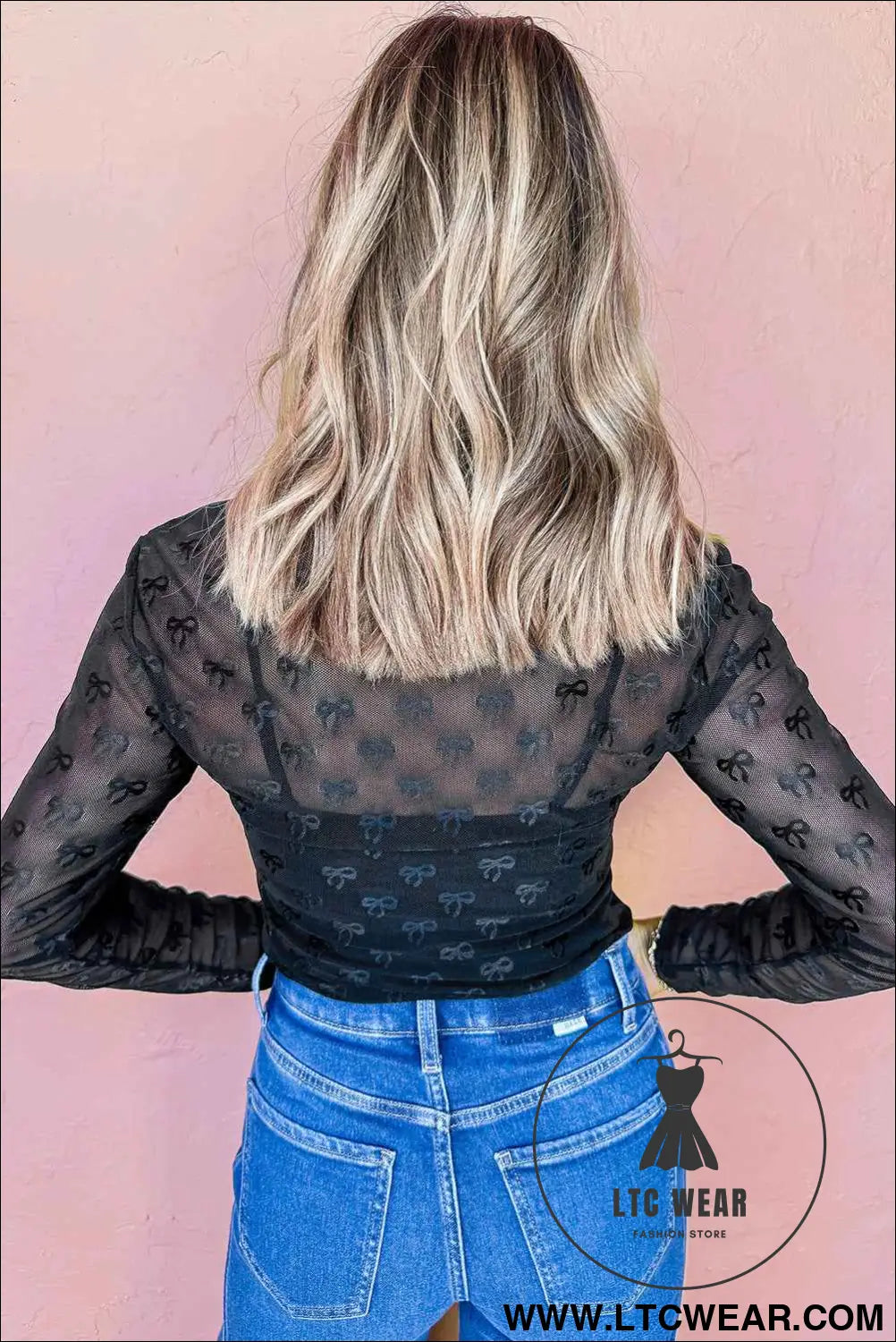 Black Bow Pattern Long Sleeve Slim Fit Mesh Top