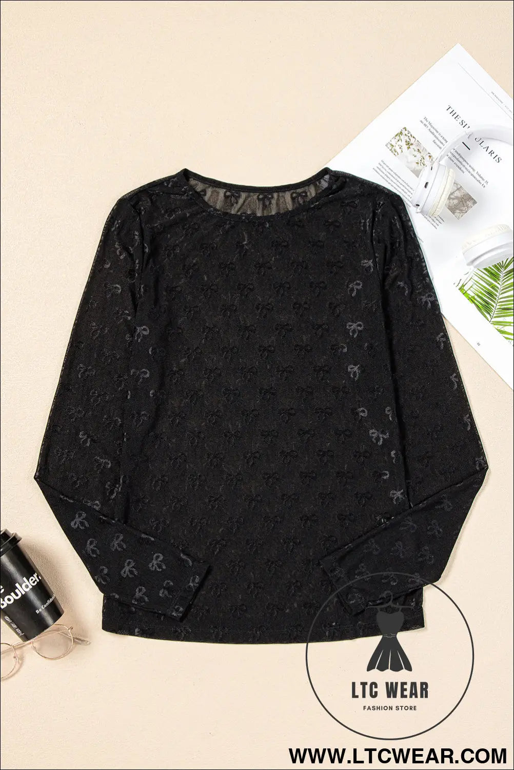 Black Bow Pattern Long Sleeve Slim Fit Mesh Top - L.T.C Wear Online Fashion Store