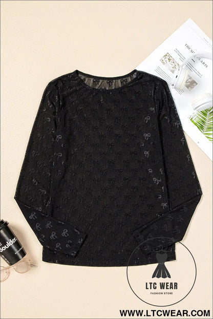 Black Bow Pattern Long Sleeve Slim Fit Mesh Top - L.T.C Wear Online Fashion Store