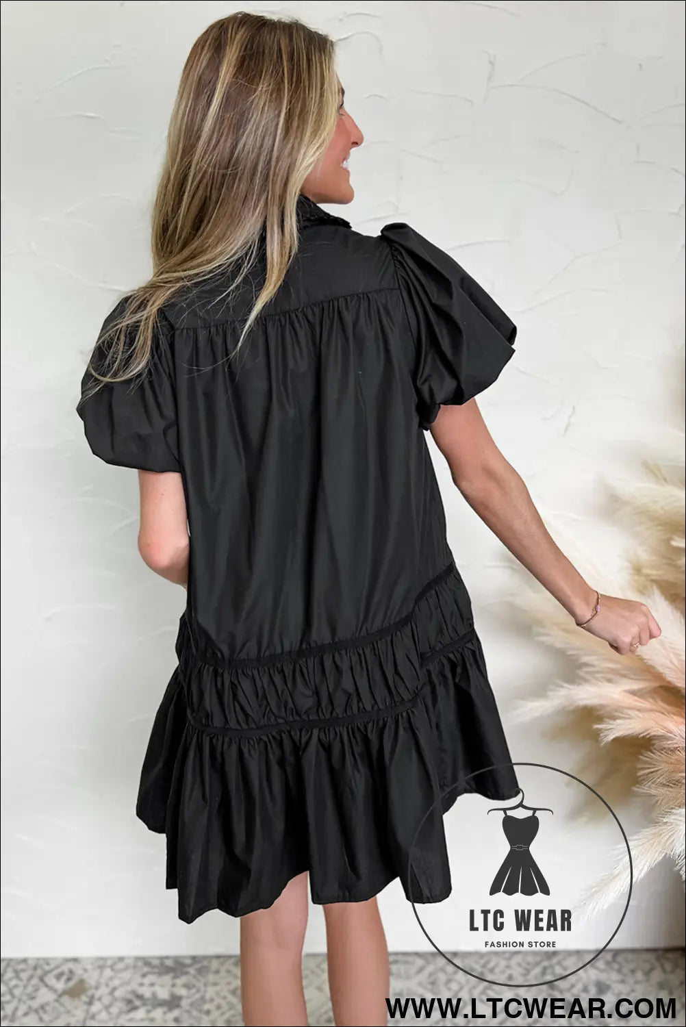 Black button down puff sleeve ruched ruffle hem dress - 15%