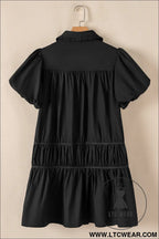 Black button down puff sleeve ruched ruffle hem dress - 15%
