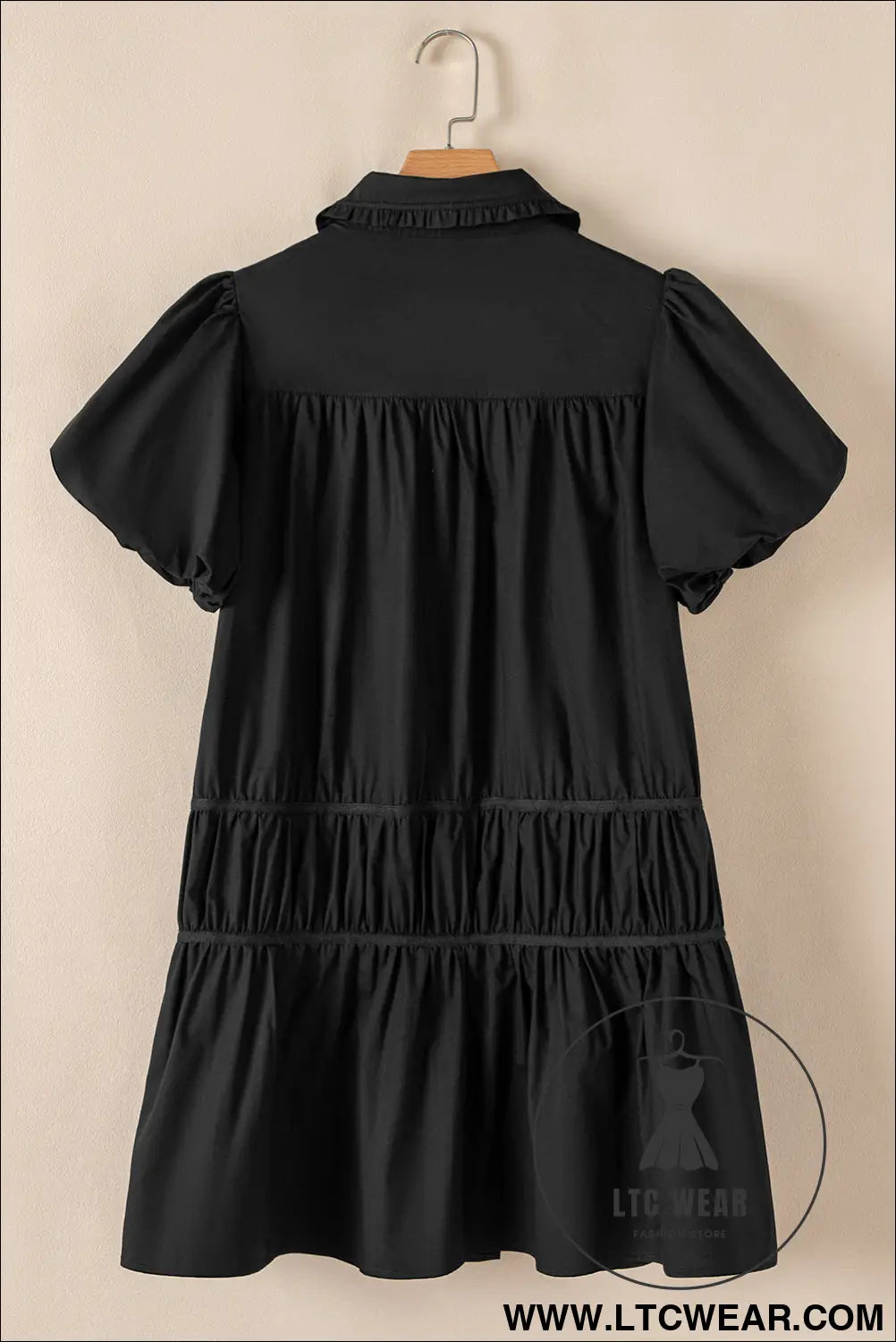 Black button down puff sleeve ruched ruffle hem dress - 15%